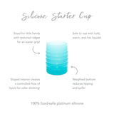 Infographic of Bumkins Silicone Starter Cup: 100% food-safe platinum silicone, weighted bottom, safe to use with cold and hot liquids.