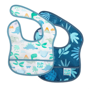 Bumkins Starter Bib 2 Pack: Dinosaurs & Blue Tropic includes 2 waterproof bibs with dinosaur and blue tropical leaf designs.