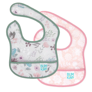 Bumkins Starter Bib 2 Pack: Floral & Lace includes two floral waterproof bibs with front pocket and adjustable neck closure.