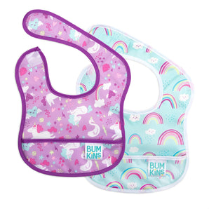 Bumkins Starter Bib 2 Pack: Rainbows & Unicorns includes 2 waterproof bibs in blue and purple with colorful rainbow and unicorn designs.