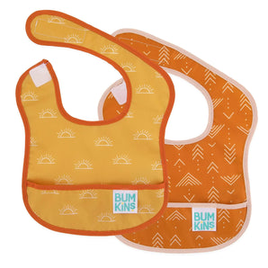 Bumkins Starter Bib 2 Pack: Sunshine and Grounded includes two waterproof bibs with a hook-and-loop neck closure and front pocket.