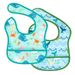 Bumkins Starter Bib 2 Pack: Ocean Life & Whale Tail includes 2 blue waterproof bibs with ocean-themed designs.