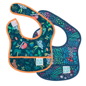 Bumkins Starter Bib 2 Pack: Jungle & Animal Prints includes 2 dark blue waterproof bibs with animal designs.