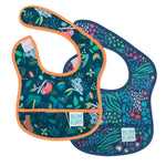 Bumkins Starter Bib 2 Pack: Jungle & Animal Prints includes 2 dark blue waterproof bibs with animal designs.