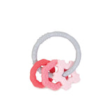 Bumkins Silicone Teething Charms: Pink includes a gray ring with 3 pink and red charms, all made of textured food-safe silicone.
