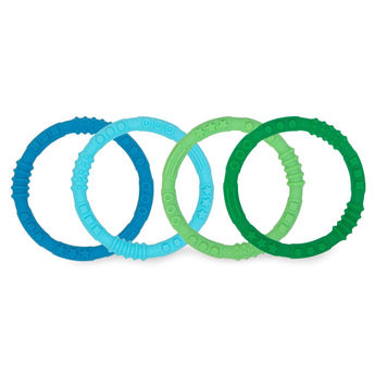Bumkins Silicone Teething Rings 4 Pack: Summer includes 4 teething rings in greens and blues made from textured, food-safe silicone.