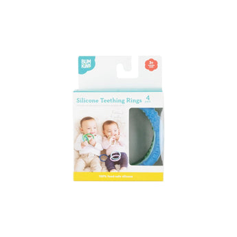 Bumkins Silicone Teething Rings 4 Pack: Summer is shown in a white packaging box with a clear window partially displaying the rings.