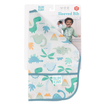 Bumkins Sleeved Bib: Dinosaurs is shown folded in its packaging.