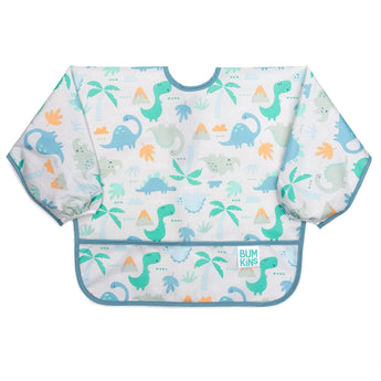 Bumkins Sleeved Bib: Dinosaurs features long sleeves, front pocket, and vibrant dinosaur prints on white waterproof fabric with blue trim.