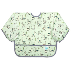 Bumkins Sleeved Bib: Llamas is a light green waterproof sleeved bib with a llama and cactus print, gray trim, and front pocket.