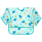 Bumkins Sleeved Bib: Ocean Life features colorful sea animals on light blue waterproof fabric, front pocket, and adjustable neck closure.