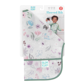 Bumkins Sleeved Bib: Floral is shown folded in its packaging.