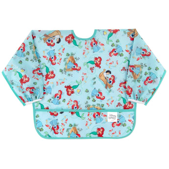 Bumkins Sleeved Bib: Ariel—blue, waterproof, with a vibrant Disney character design, long sleeves, and a front pocket.