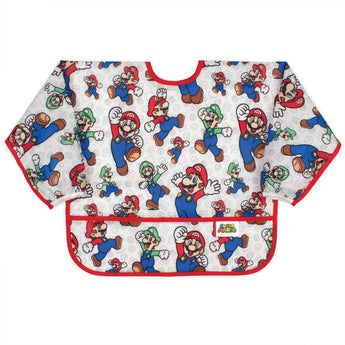 Bumkins Sleeved Bib: Super Mario™ Classic is a sleeved waterproof bib with video game character illustrations, red trim, front pocket.