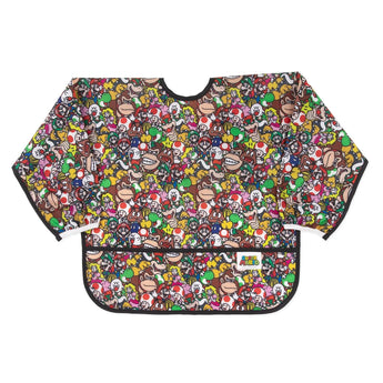 Bumkins Sleeved Bib: Super Mario™ Mashup features beloved video game characters on waterproof fabric with long sleeves and front pocket.