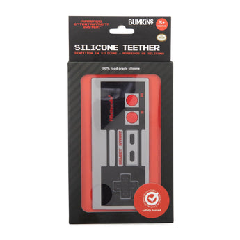 Bumkins Silicone Teether: NES™ Controller is shown in stylish black and red packaging, with a front window displaying the teether.