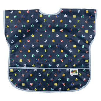 Bumkins Junior Bib: Super Mario™ Lineup features dark waterproof fabric with colorful icons like mushrooms, stars, and coins.