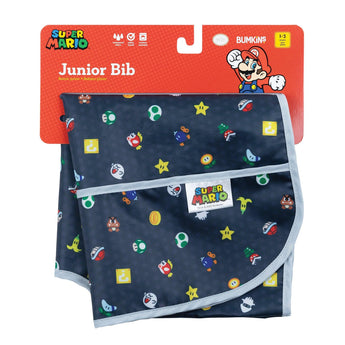 Bumkins Junior Bib: Super Mario™ Lineup is shown folded on red cardboard packaging with a character illustration.