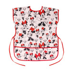 Bumkins Short-Sleeved Smock: Minnie Mouse Classic features a Minnie Mouse print on pink waterproof fabric, a red trim and adjustable closures.