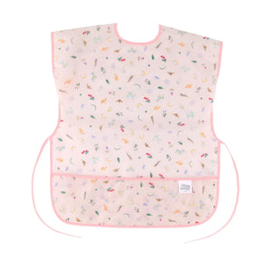 Bumkins Short-Sleeved Smock: Princess Magic features a pink floral and animal design with waist ties, front pocket, and waterproof fabric.