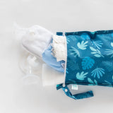 Bumkins Wet Bag: Blue Tropic holds cloth diapers and breast pump parts on a white background.