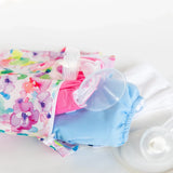 Close-up of Bumkins Wet Bag: Watercolor with cloth diapers and a breast pump on a white background.