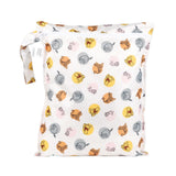 Bumkins Wet Bag: Winnie and Friends is a white waterproof bag featuring cartoon animals in colorful circles, with a zippered compartment.
