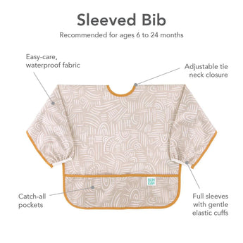 Infographic of Bumkins Sleeved Bib: recommended for ages 6-24 months, easy-care waterproof fabric, adjustable tie closure, catch-all pocket.