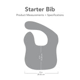 Gray silhouette of Bumkins Starter Bib with dimensions—width: 8 in (28.32 cm), height from neck: 6 in (15.24 cm).
