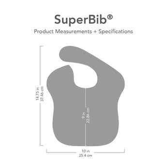 Gray silhouette of Bumkins SuperBib® with dimensions—width: 10 in (25.4 cm), height from neck: 9 in (22.86 cm), height: 14.75 in (37.46 cm).