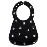 Bumkins Silicone Bib: Mickey Mouse Faces is made of black silicone and features a white Mickey Mouse face pattern.