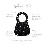 Infographic of Bumkins Silicone Bib: 100% food-safe platinum silicone, adjustable neck closure, easy to clean, large stay-open pocket.