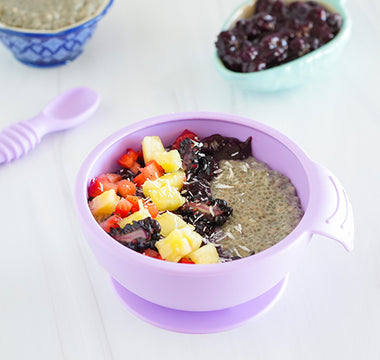 blueberry chia pudding in toddler bowl 