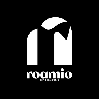 White stylized lowercase r logo with roamio BY BUMKINS text below, all on a black background.