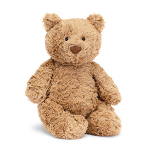 Jellycats Bartholomew Bear Medium, a fluffy light brown plush with button eyes and a stitched nose, sits upright against a white background.