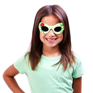 Child wearing Sunstaches Lil Characters Poison Ivy sunglasses with UV400 lenses and a light green shirt smiles with hands on hips.