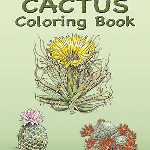 Cover of Cactus Coloring Book by Treasure Chest Books, featuring cacti with flowers on a light green background.