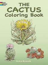 Cover of Cactus Coloring Book by Treasure Chest Books, featuring cacti with flowers on a light green background.