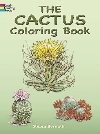 Cover of Cactus Coloring Book by Treasure Chest Books, featuring cacti with flowers on a light green background.