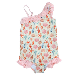 Emerson and Friends Sandy Seashells one-piece features UV protection and a pink ruffled neckline and hem.