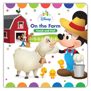 Mickey pets a sheep and three chicks in Disney Baby: On the Farm Board Book by Random House for vocabulary expansion.