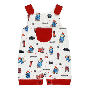 Lovedbaby Organic Sleeveless Romper has red accents and features bear in a blue coat, vehicles, and Paddington text.
