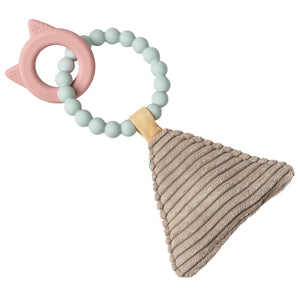Mary Meyers Simply Silicone Soft Squeaker, Kitty is a safe teething toy with pink cat ears, mint beads, and a beige triangle.