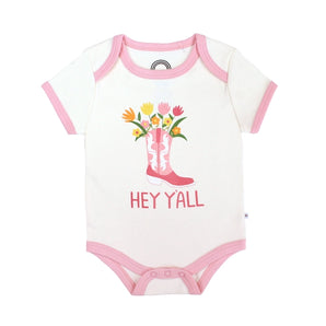 Luxury Bodysuit, Hey Yall by Emerson and Friends: white with pink trim, flower boot print, soft cotton.