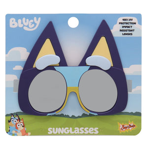 Lil Characters by Sunstaches: Bluey-themed sunglasses with dog ears, UV protection, and impact-resistant lenses on a colorful card.