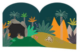 Stick and Play, Dino by Floss and Rock: A cave scene illustration with a person, animals, and colorful plants under a dark green sky.