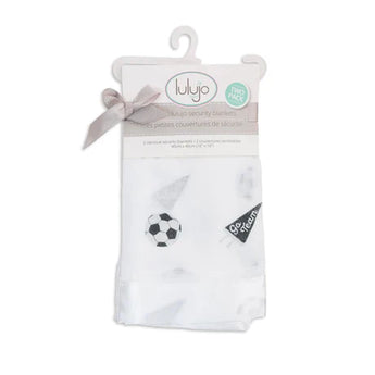 Two-pack of Lulujo Inc.s Security Blanket, Soccer, features a soccer ball and Go Team print in white, elegantly ribbon-packaged.