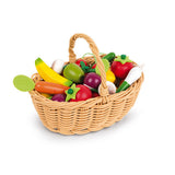 Janod Juratoys Fruit and Veggie Basket includes colorful toy wooden fruits and veggies like bananas, apples, carrots, and peppers.
