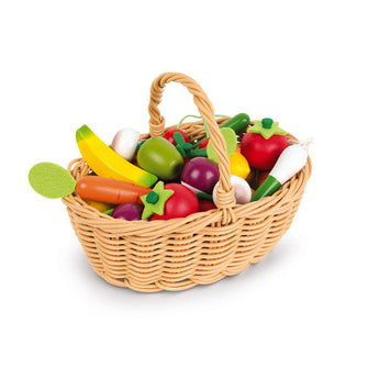 Janod Juratoys Fruit and Veggie Basket includes colorful toy wooden fruits and veggies like bananas, apples, carrots, and peppers.