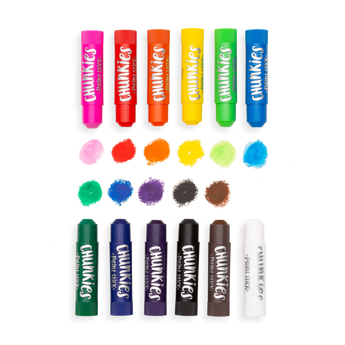 Twelve OOLY Chunkies Paint Sticks in assorted colors with swatches. Perfect for arts and crafts.